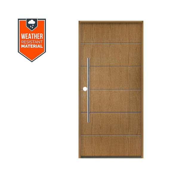 TETON Modern Faux Pivot 36 in. x 79 in. Right-Hand/Inswing Solid Panel Bourbon Stain Fiberglass Prehung Front Door