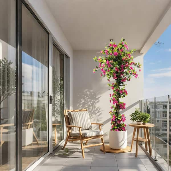 7 ft. Bougainvillea Artificial Tree with Flowers and Leaves, Lightweight Realistic Faux Tree in Pot