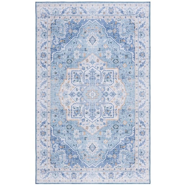SAFAVIEH Tucson Light Blue/Blue 5 ft. x 7 ft. Machine Washable Ornate Floral Medallion Area Rug
