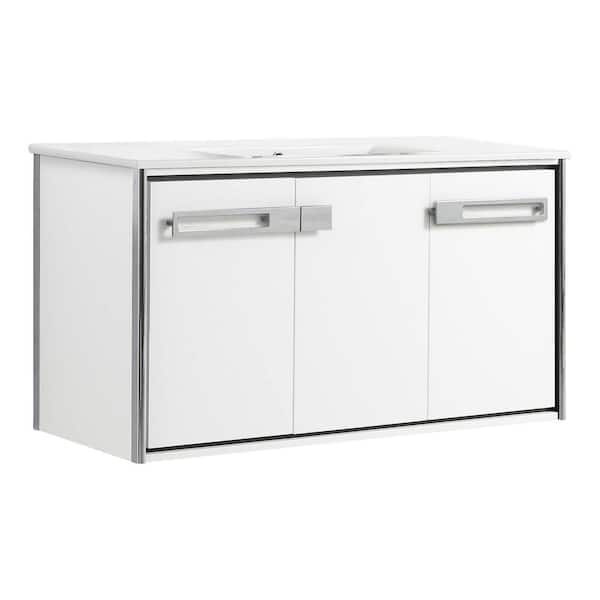 FINE FIXTURES Oakville 42 in. W x 18 in. D x 23.25 in. H Wall Mounted Bathroom Vanity in Matte White with White Ceramic Sink Top