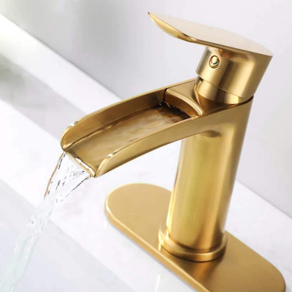 Brushed Gold Brass Waterfall Spout Single-Handle Bathroom Faucet