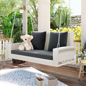 2-Seat White Wicker Hanging Porch Swing with Chains, Gray Cushion, Pillow, Rattan Swing Bench
