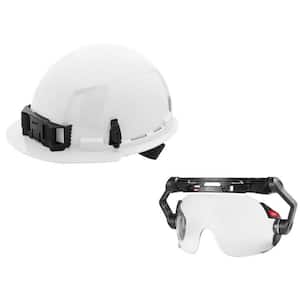 BOLT White Type 1 Class E Front Brim Non Vented Hard Hat w/4-Pt Ratcheting Suspension W/BOLT Clear Dual Coat Eye Visor