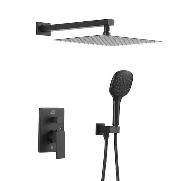 GroGro 2-Handle 3-Spray Square High Pressure Shower Faucet with 12 in. Shower Head in Matte Black (Valve Included)