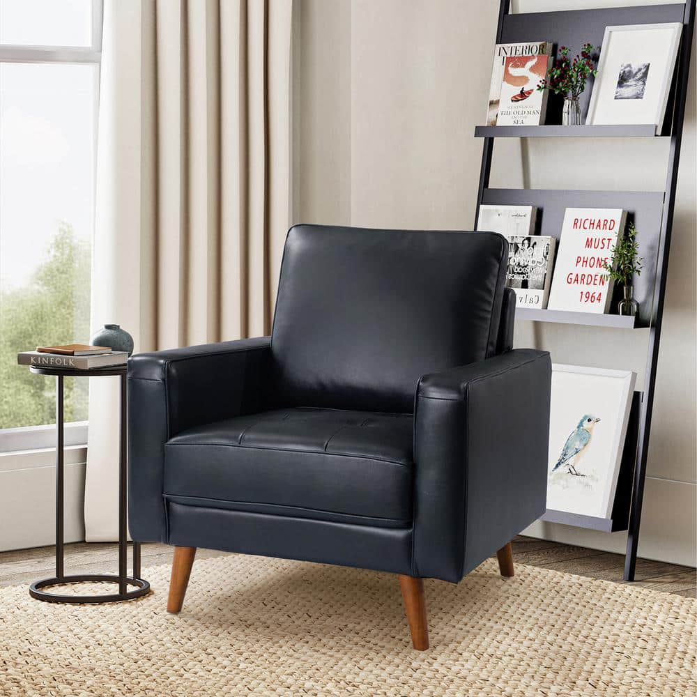 Navy Genuine Leather Mid-Century Modern Accent Chair