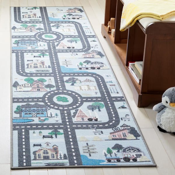 Kids Playhouse 2 ft. x 6 ft. Blue/Dark Gray Neighborhood Roads Runner Rug
