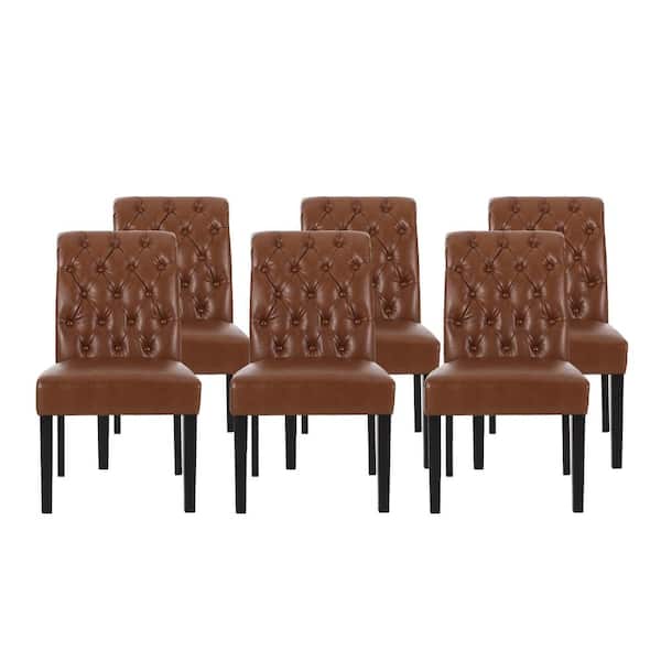 Noble House Cullon Cognac Brown Tufted Rolltop Faux Leather Dining Chair (Set of 6)