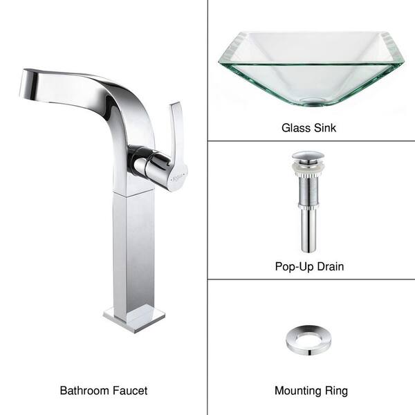 KRAUS Square Glass Vessel Sink in Clear with Typhon Faucet in Chrome