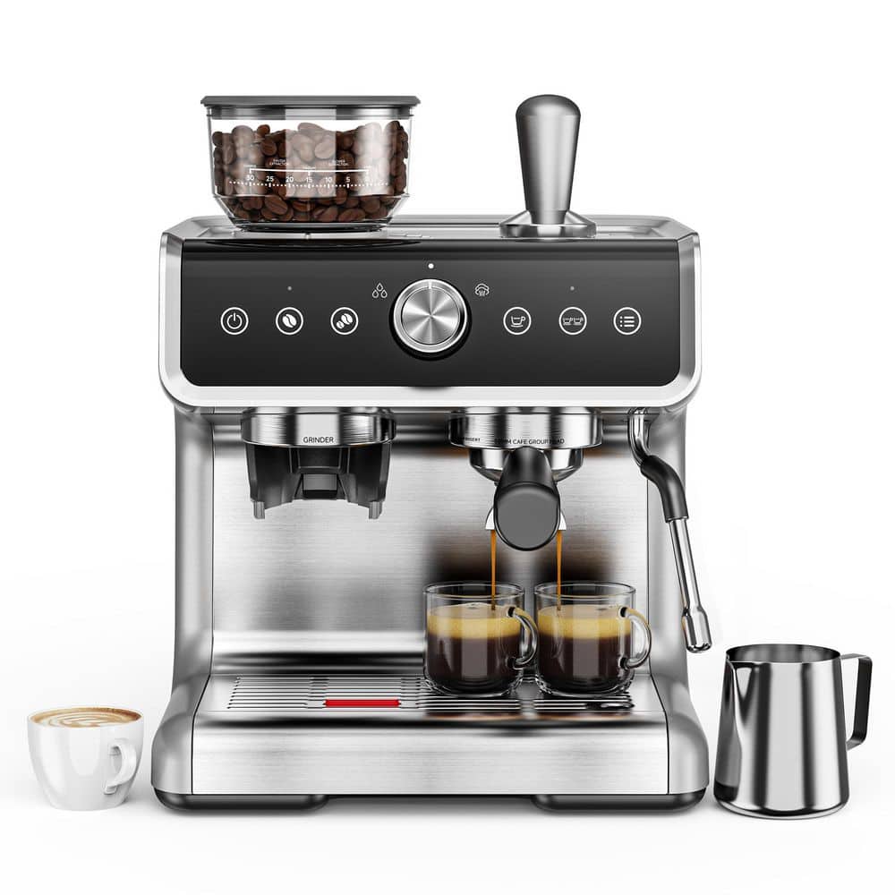 2-Cup Espresso Coffee Maker with Burr Grinder, 15-Bar Pump, PID Control, Touch Display and Milk Frother, Silver