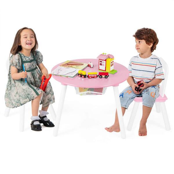 Costway Kids Wooden Pink Round Table and 2 Chair Set with Center Mesh Storage HW67056PI The Home Depot