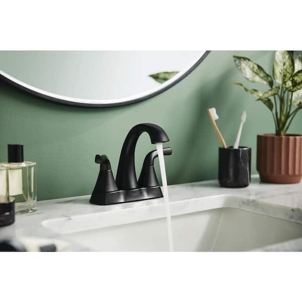 Parkwood 4 in. Centerset Double-Handle High-Arc Spout Bathroom Faucet with Drain Kit Included in Matte Black