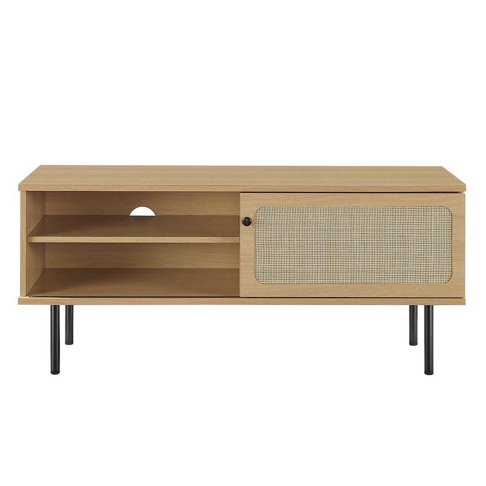 Rustic Oak 47" Media Console with Rattan Cabinet and Metal Legs