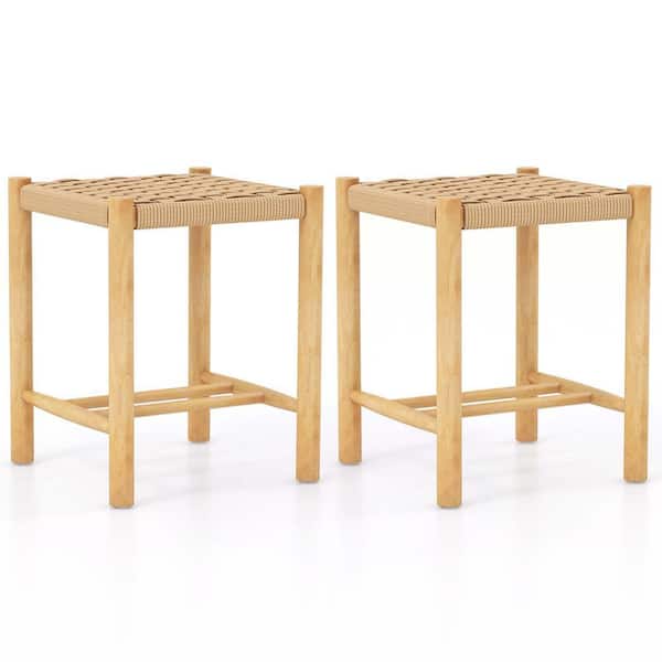 Costway Natural Dining Stool 18 in. Backless with Rubber Wood Frame Woven Paper Seat Kitchen Set of 2