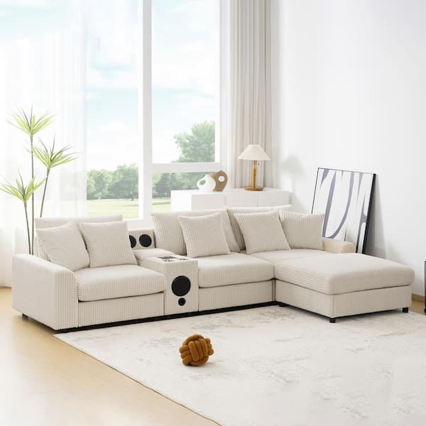 114 in. Corduroy L-Shape Sectional Sofa in Cream with Ottoman, Bluetooth Speakers, Console, Wireless Charging