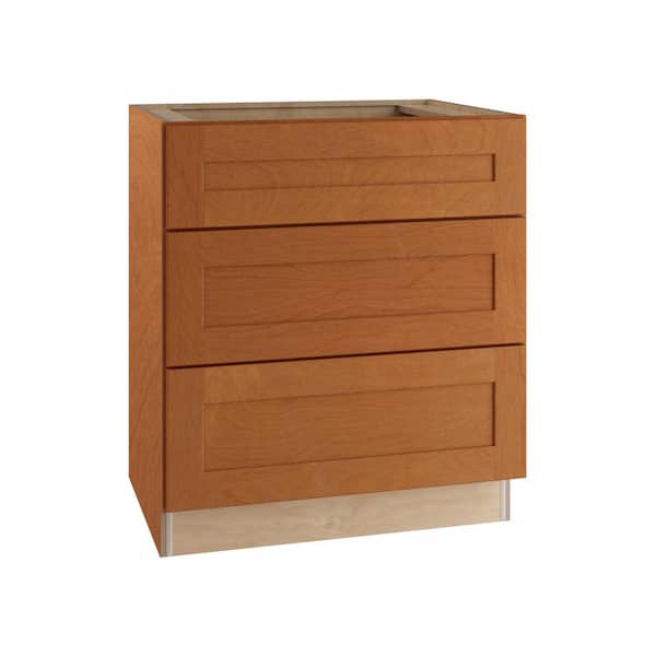 Home Decorators Collection Hargrove Cinnamon Stain Plywood Shaker Assembled 3 Drawer Base Kitchen Cabinet Soft Close 24 in W x 24 in D x 34.5 in H
