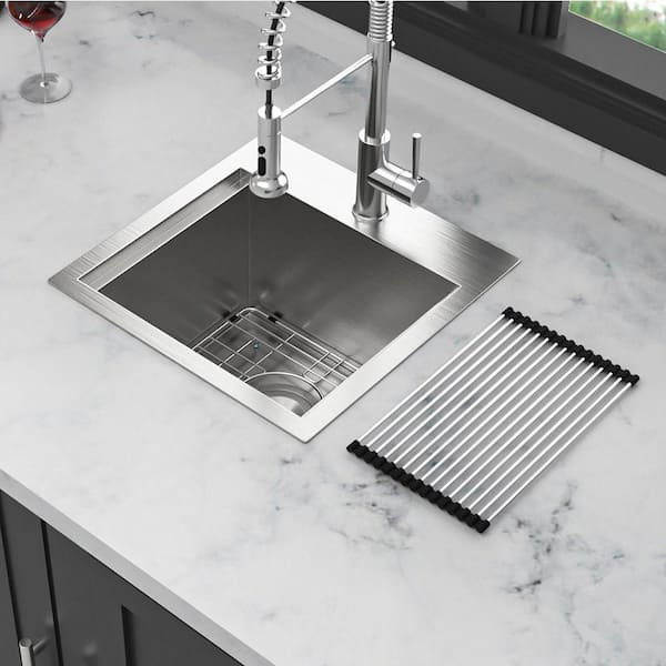 15 in. Drop-in Single Bowl 16 Gauge Brushed Nickel Stainless Steel Kitchen Sink with Workstation