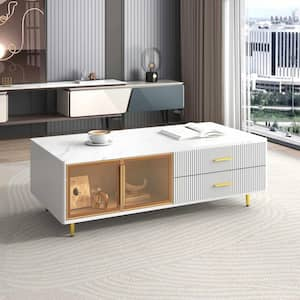 47.2 in. White Rectangle MDF Coffee Table with 2 Glass Door Storage and 4 Drawers