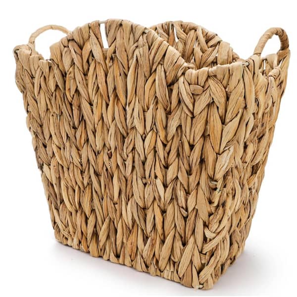 Handwoven water hyacinth wicker waste bin with handles, rattan trash basket for bedroom, office & utility storage