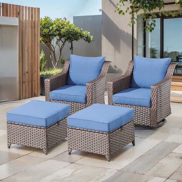 SlideArm 4-Piece Brown Wicker Outdoor Rocking Chair Patio Swivel Gliders with Navy Blue Cushions and Ottomans