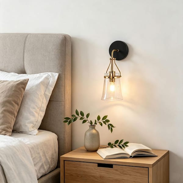Auisre Transitional 1-Light Black and Plated Brass Wall Sconce with Bell Seeded Glass Shade for Bathrooms and Hallways