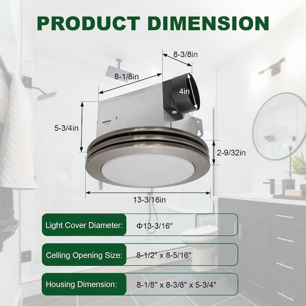 Akicon - Bathroom Exhaust Fan Light, 80 CFM 2-Sones, 15-Watt Dimmable 3000K/4000K/5500K 3CCT LED Light (Brushed Nickel)