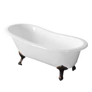 67 in. Cast Iron Single Slipper Clawfoot Bathtub in White with Feet in Oil Rubbed Bronze