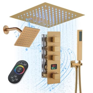 Digital Display 3 Function Single Handle 1-Spray Thermostatic Dual Shower Faucet 1.8GPM with LED & Music in Brushed Gold