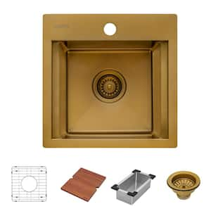 Giana Gold 16 Gauge Stainless Steel 15 in. 1-Hole Drop-In Topmount Bar Sink in Matte Gold Satin Brass