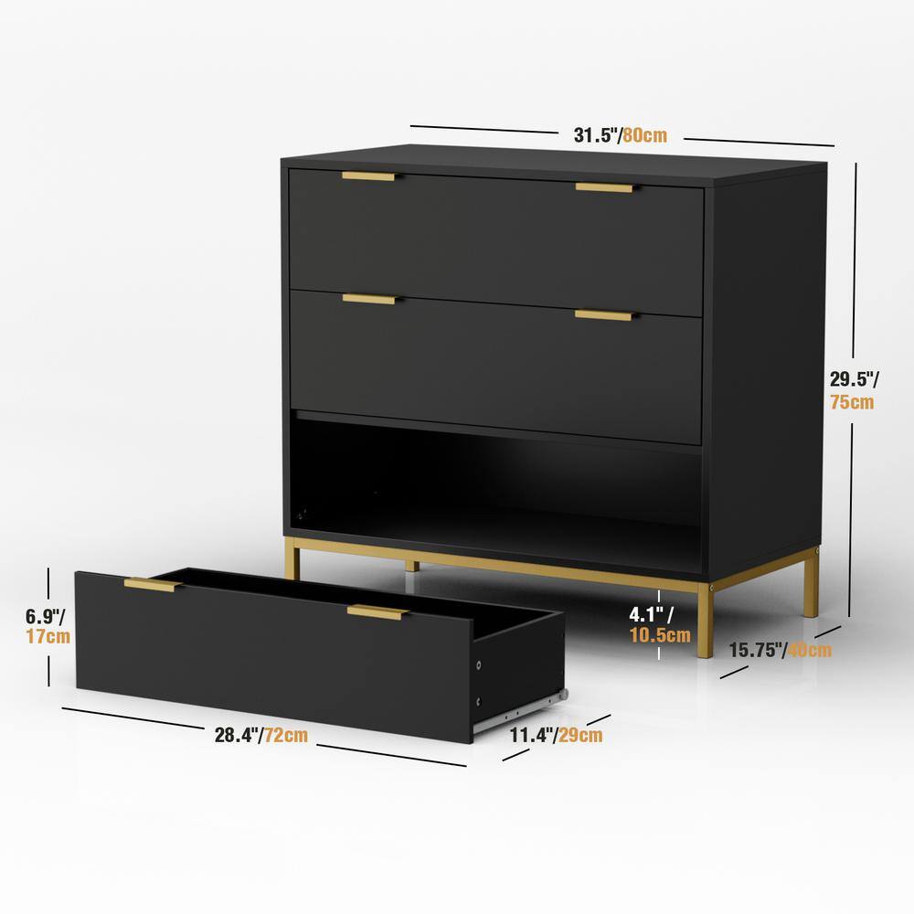 Black and Gold 3-Drawer Mid-Century Modern Chest