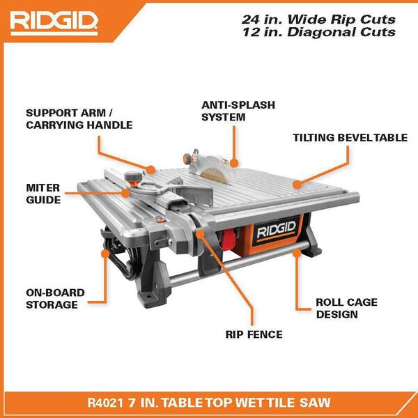 RIDGID 6.5 Amp Corded in. Table Top Wet Tile Saw with Pro-Hinge  Stabilizing Knee Pads R4021-FT7001 The Home Depot
