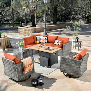 Sanibel Gray 9-Piece Wicker Outdoor Patio Conversation Sofa Set with a Storage Fire Pit and Orange Red Cushions