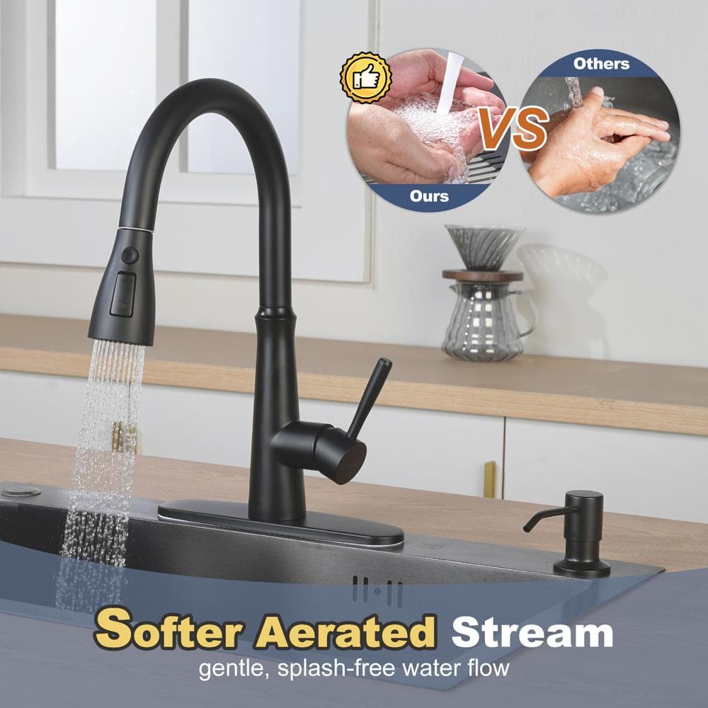 Matte Black Stainless Steel Pull Down Kitchen Faucet with Soap Dispenser