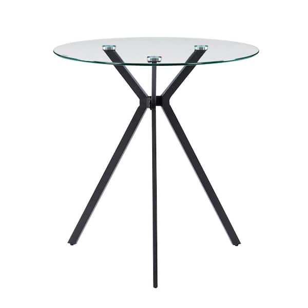CorLiving Lennox 28 in. Round Clear Glass Top Bistro Table with Black Iron Leg Trestle Seating (Capacity for 3)