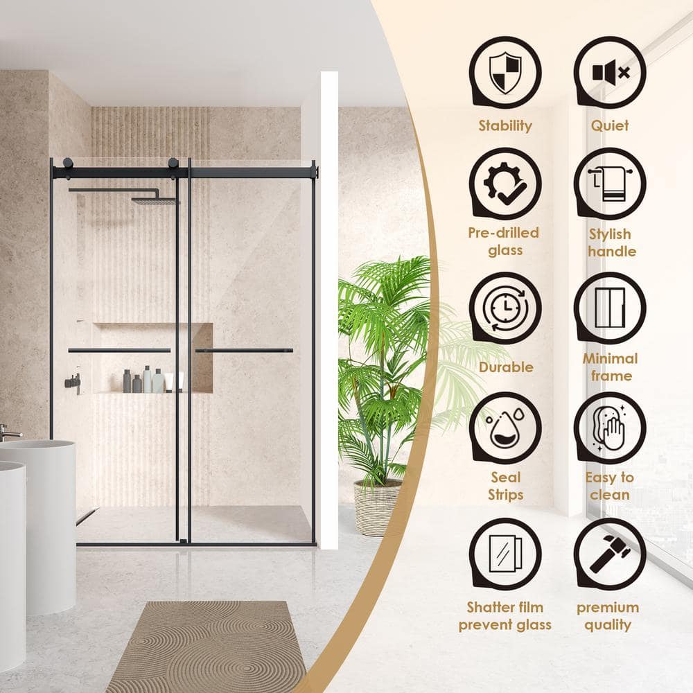 Belizzi 52" Matte Black Frameless Shower Door with Clear Glass