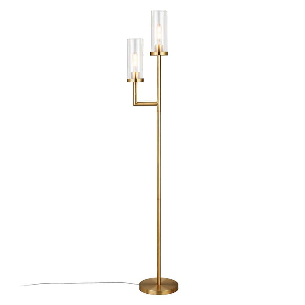 Dual-Light Torchiere Floor Lamp in Brass with Clear Glass Shades