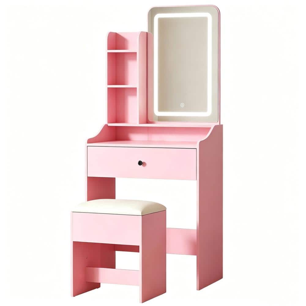 1-Drawer Pink Makeup Vanity Table Set with Stool, Wood Vanity Dressing with Lighting Mirror & Storage Shelves