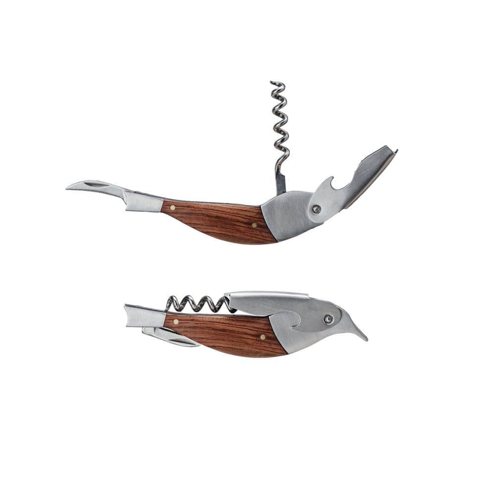 Storied Home Natural Brown Merbau and Stainless Steel Bird Shaped Bottle Opener