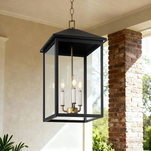 21.2 in. 3-Light Black Dimmable Outdoor Pendant Light with Clear Glass and No Bulbs Included