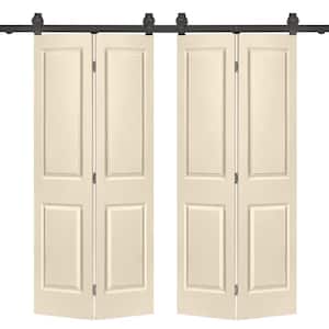 72 in. x 80 in. Hollow Core 2-Panel Beige MDF Composite Double Bi-Fold Barn Doors with Sliding Hardware Kit