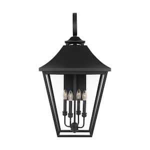 Galena 4-Light Textured Black Outdoor Extra Large Hardwired Wall Lantern Sconce with Clear Seeded Glass