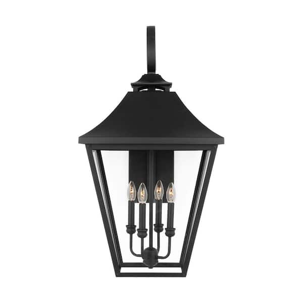 Generation Lighting Galena 4-Light Textured Black Outdoor Extra Large Hardwired Wall Lantern Sconce with Clear Seeded Glass