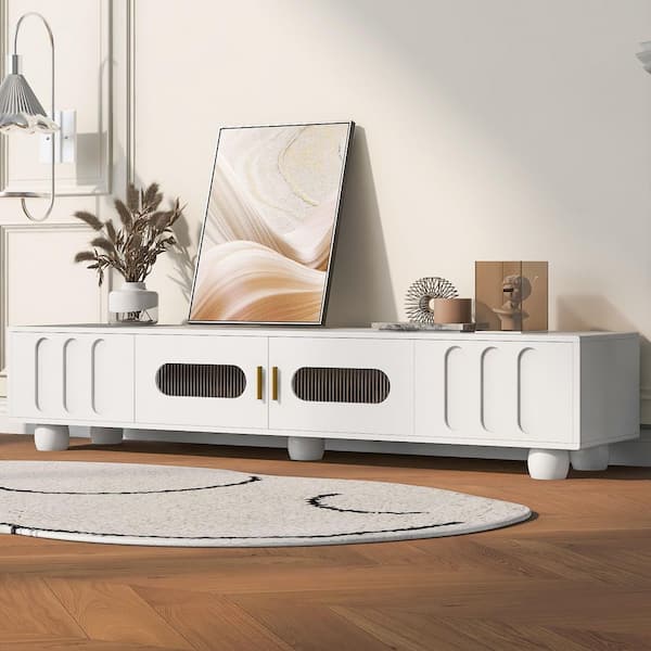 Modern TV Stand Fits TV's up to 80 in. with Glass Door, 2-Drawers and Cabinets, White