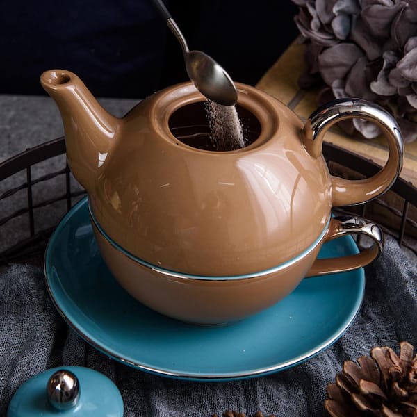 Artvigor 1-Piece Porcelain Teapot Brown Tea Pot Teacup and Saucer