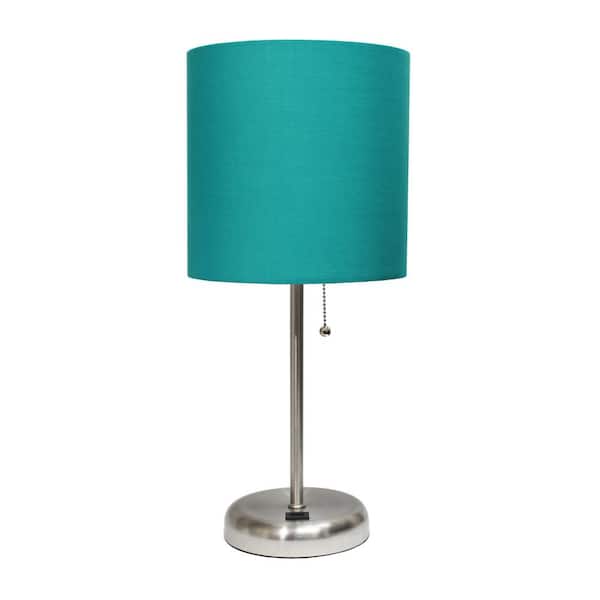 Simple Designs 19.5 in. Teal Stick Lamp with USB Charging Port and Fabric Shade