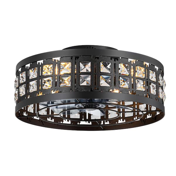 Breezary 16.5 in. Indoor Matte Black Caged Flush Mount Industrial Ceiling Fan with Metal Light Kit and Remote Control Included