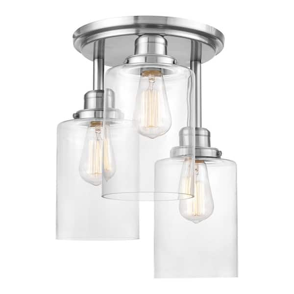Globe Electric Annecy 3-Light Brushed Steel Semi-Flush Mount Ceiling Light with Clear Glass Shades