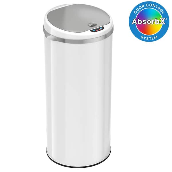 13 Gal. / 49 Liter White Stainless Steel Household Metal Trash Can with Sensor Lid and Odor Filter
