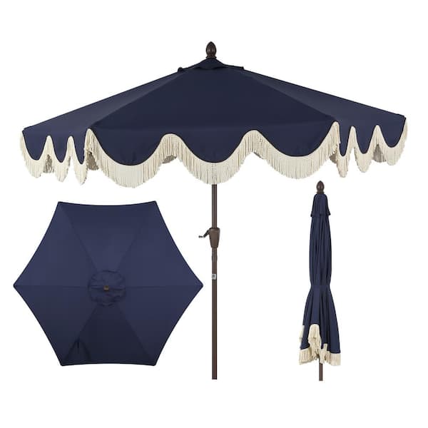 JONATHAN Y Collins 9 ft. Cottage Tassel Market Patio Umbrella with Auto-Tilt, Crank, Wind Vent and UV Protection in Navy/Cream