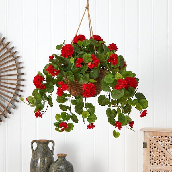 24 in. Artificial Geranium Silk Hanging Basket