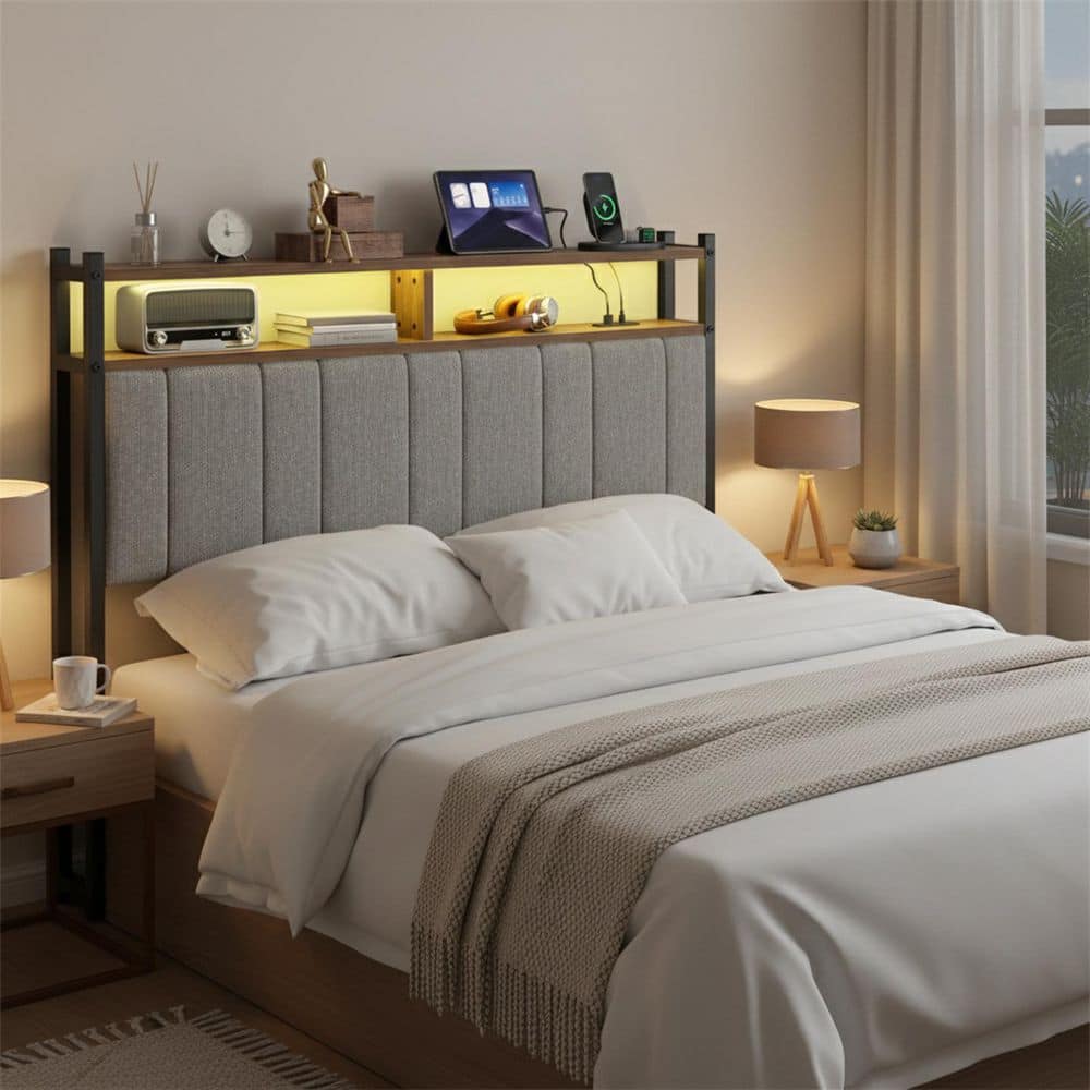 Gray Queen Linen Upholstered Storage Headboard LED Headboard with Charging Station price history on PriceWatchPro